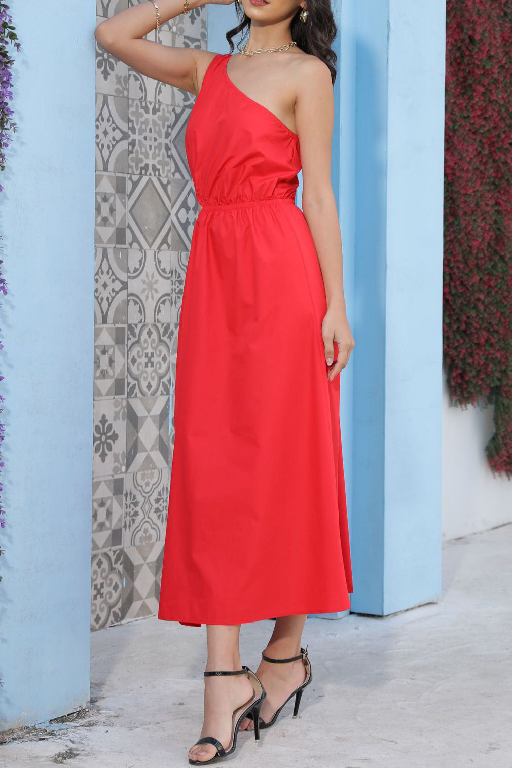 Chic Red One Shoulder Cut Out Maxi Dress  Fashionpara