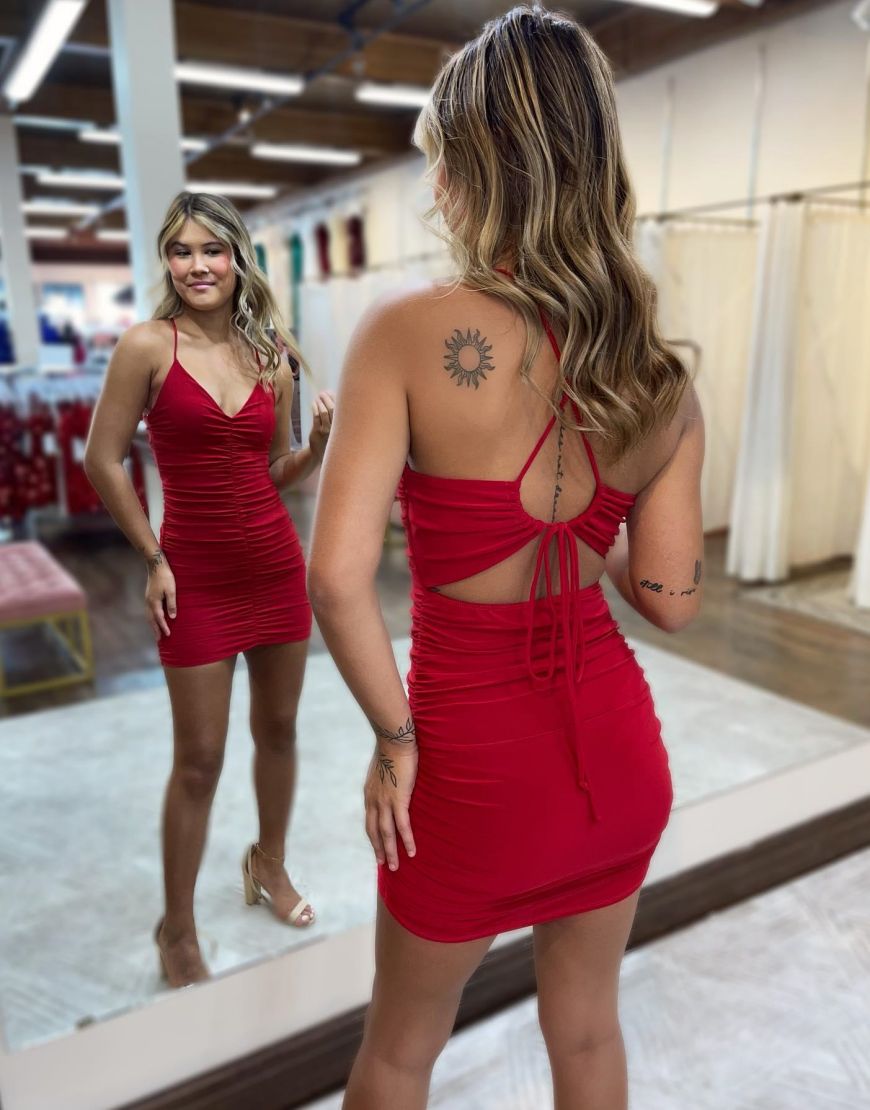 Red Spaghetti Straps Key Hole Back Homecoming Dress