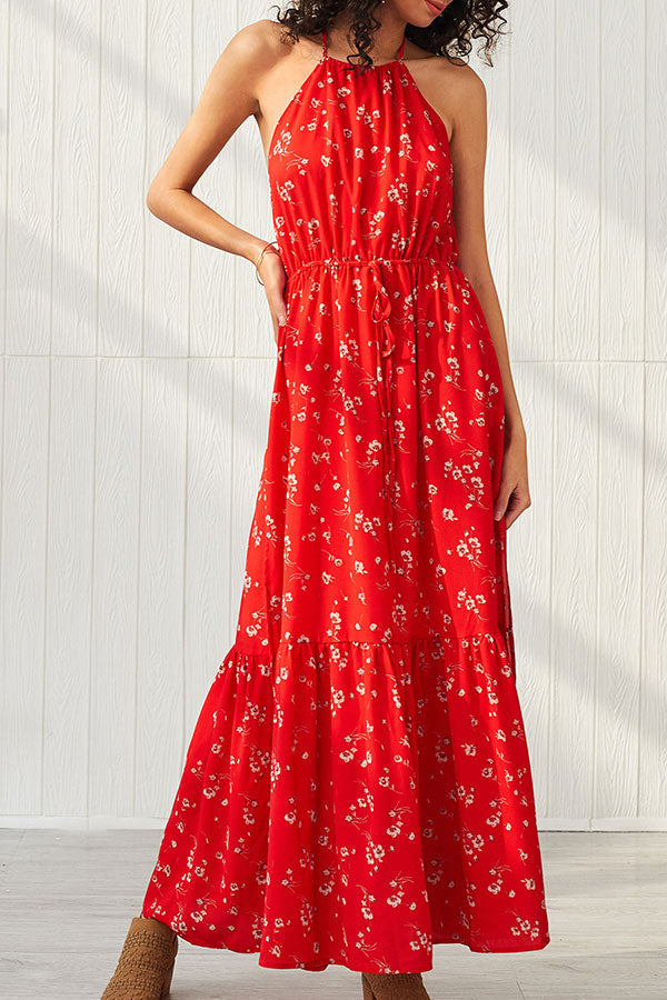 Red Backless Halter Ruffle Maxi Dress - Mislish