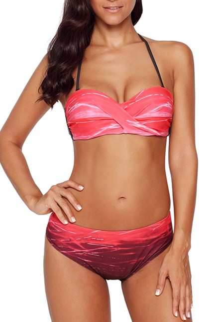 Red Gradient Print Halter Bandeau Bikini Set