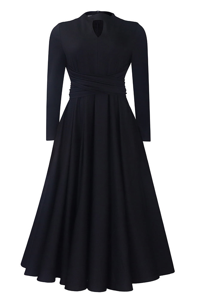 Little Black Midi A-Line Long Sleeve Dress