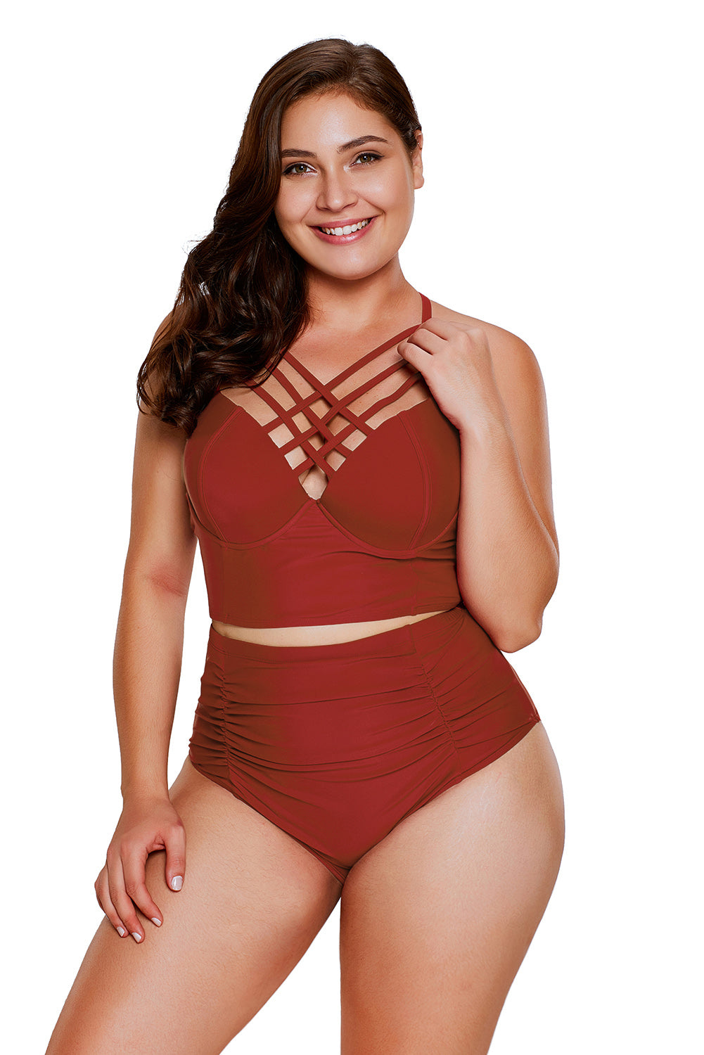 Red Strappy Neck Detail With Padded High Waist Swimsuit