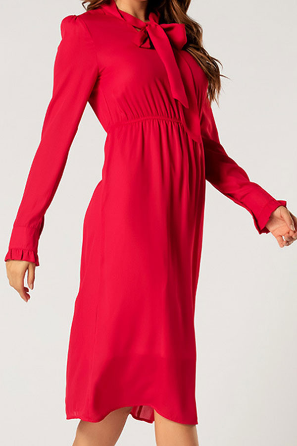 Red Tie Neck Long Sleeve Midi Dress