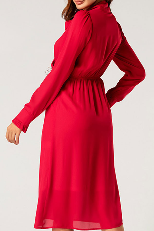 Red Tie Neck Long Sleeve Midi Dress