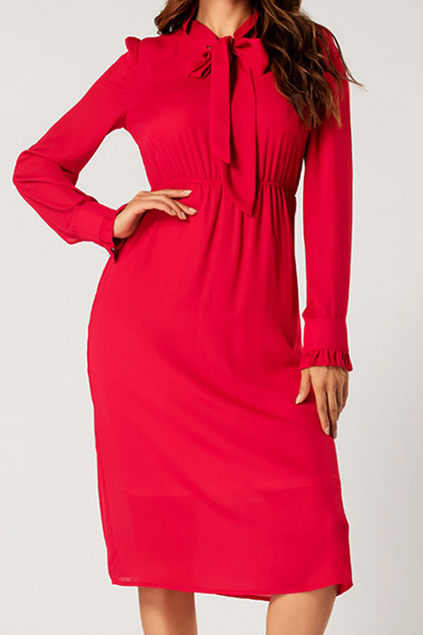 Red Tie Neck Long Sleeve Midi Dress - Mislish