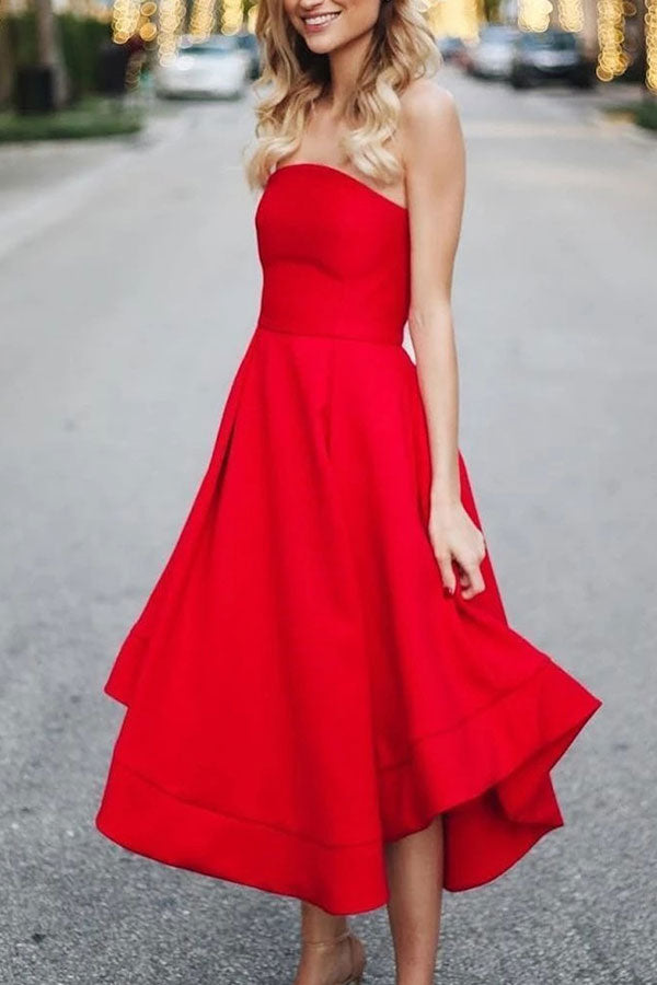 Red Strapless Midi Ruffled Dress