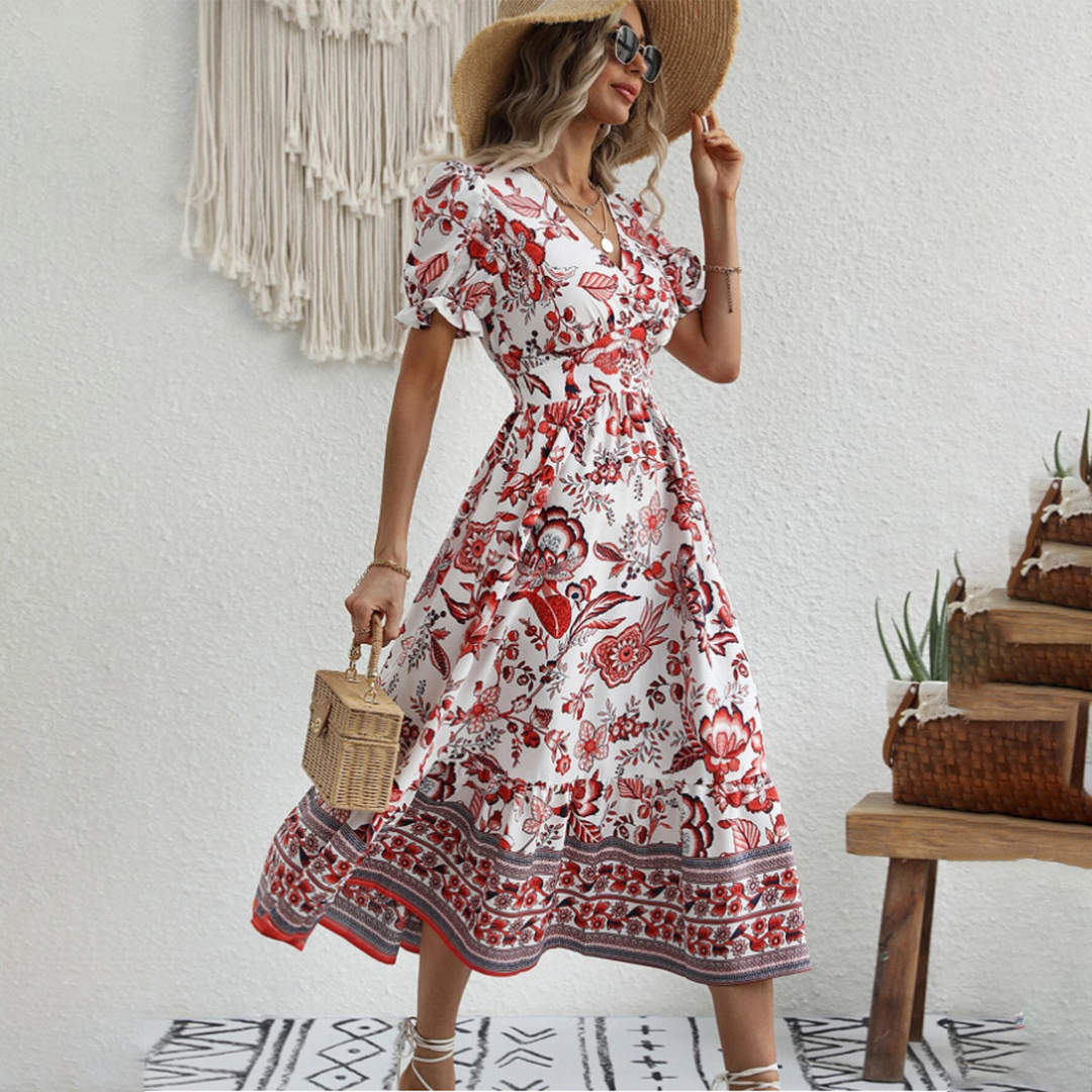 Floral Print V-Neck Puff Sleeve Tiered Ruffle Hem Midi Summer Dress