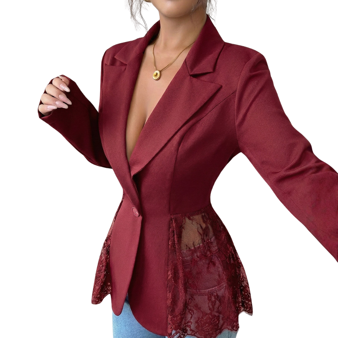 Notch Lapel Lace Trim Peplum Single Button Fitted Blazer 2