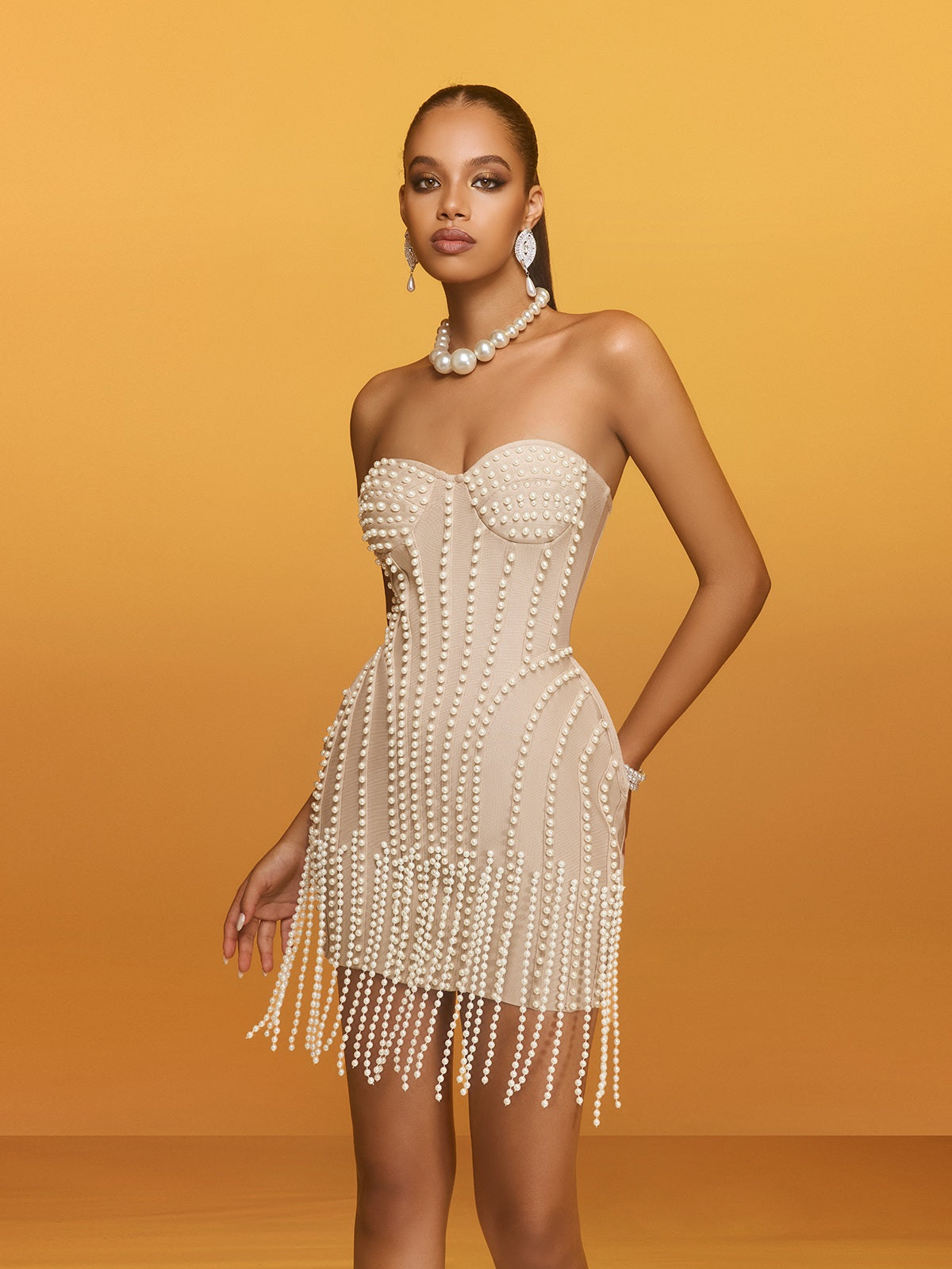 Strapless Pearl Fringe Bandage Mini Dress - View 2