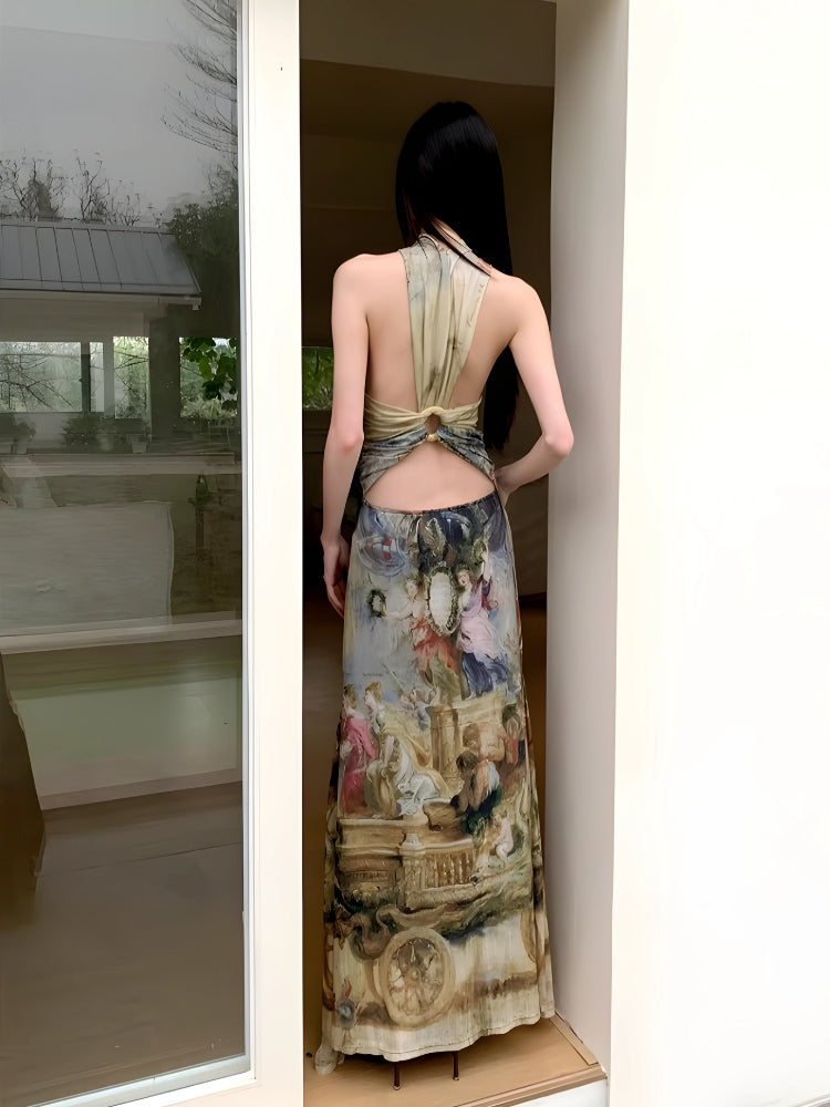Baroque Print High-Neck Halter Fishtail Maxi Dress