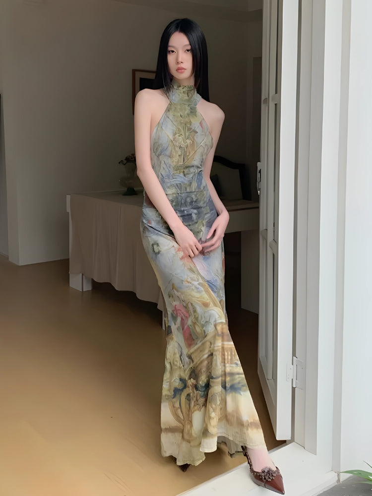 Baroque Print High-Neck Halter Fishtail Maxi Dress