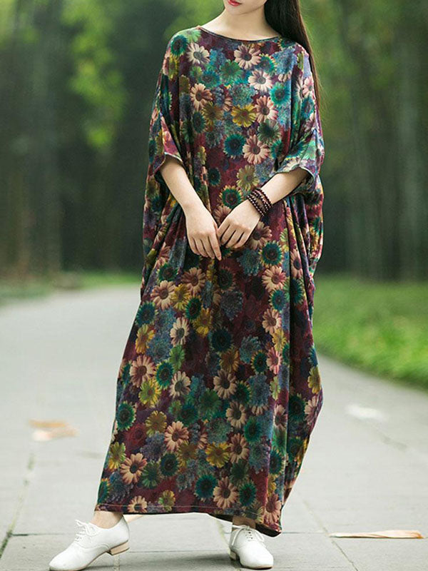 Floral Print Round Neck Batwing Sleeve Cocoon Maxi Dress 3