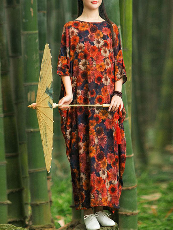 Floral Print Round Neck Batwing Sleeve Cocoon Maxi Dress
