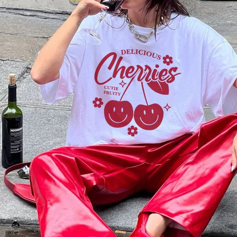 Retro Cartoon Cherry Graphic T-shirt - Fashionpara