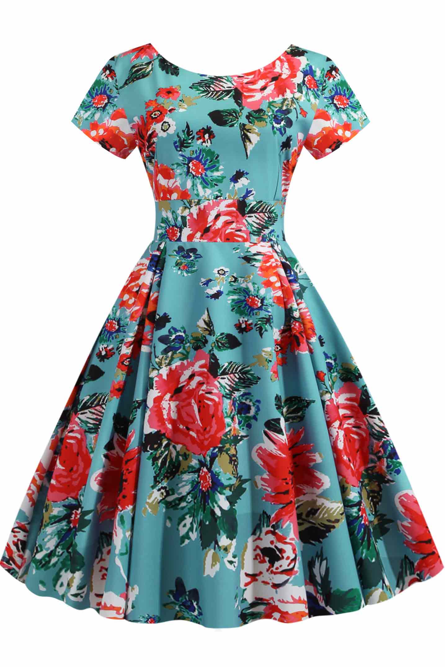 Retro Floral Print Scoop A-line Dress - Mislish