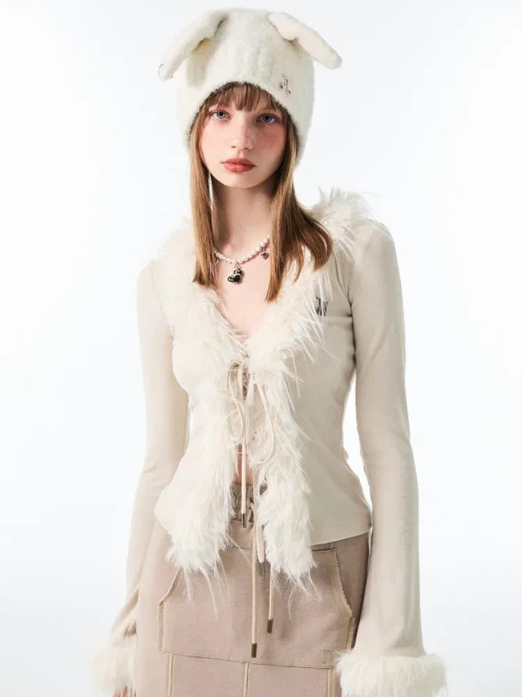 Lace Up Plush V-neck Cardigan - Fashionpara