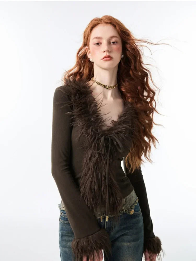 Lace Up Plush V-neck Cardigan - Fashionpara