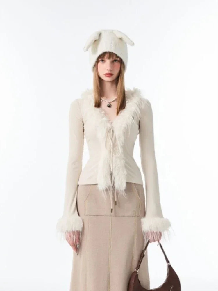 Lace Up Plush V-neck Cardigan - Fashionpara