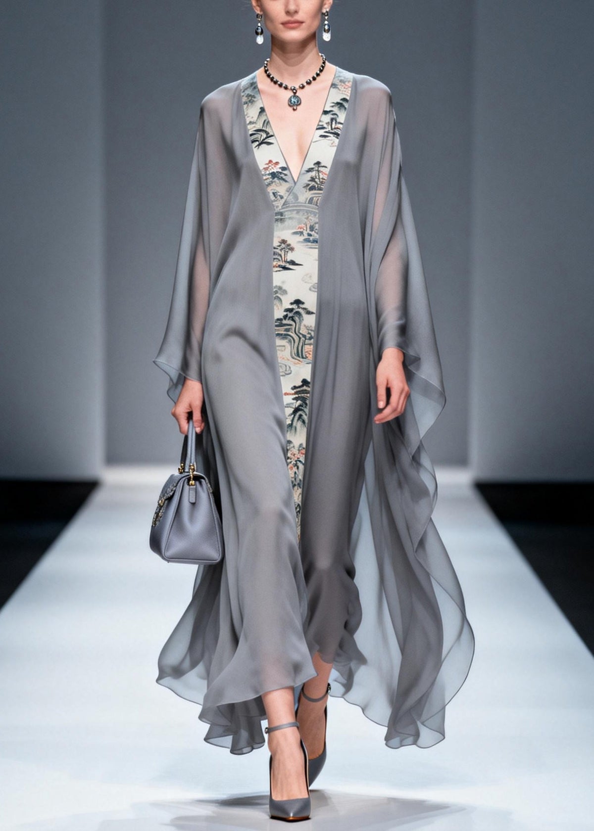 Retro Grey V Neck Patchwork Print Chiffon Maxi Dress Summer