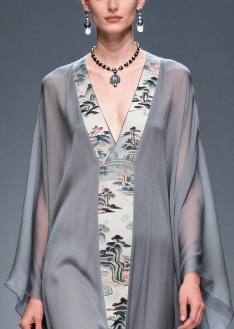 Retro Grey V Neck Patchwork Print Chiffon Maxi Dress Summer - View 2