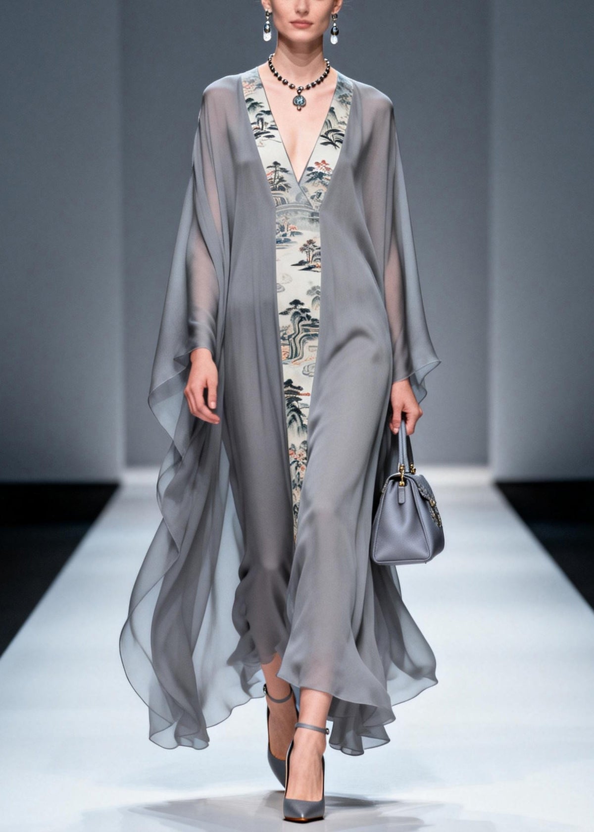 Retro Grey V Neck Patchwork Print Chiffon Maxi Dress Summer - View 3