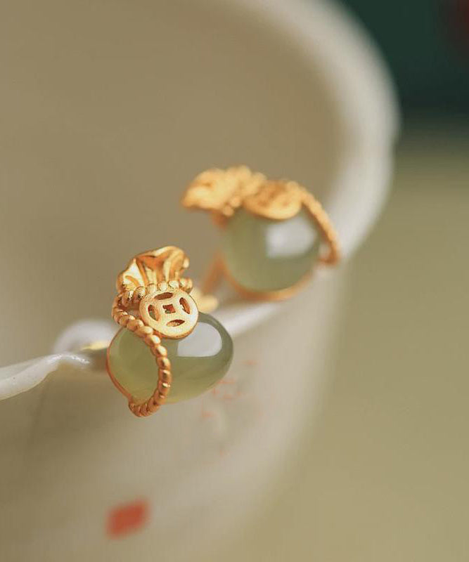 Retro Light Green Sterling Silver Overgild Jade Blessing Bag Stud Earrings TX035