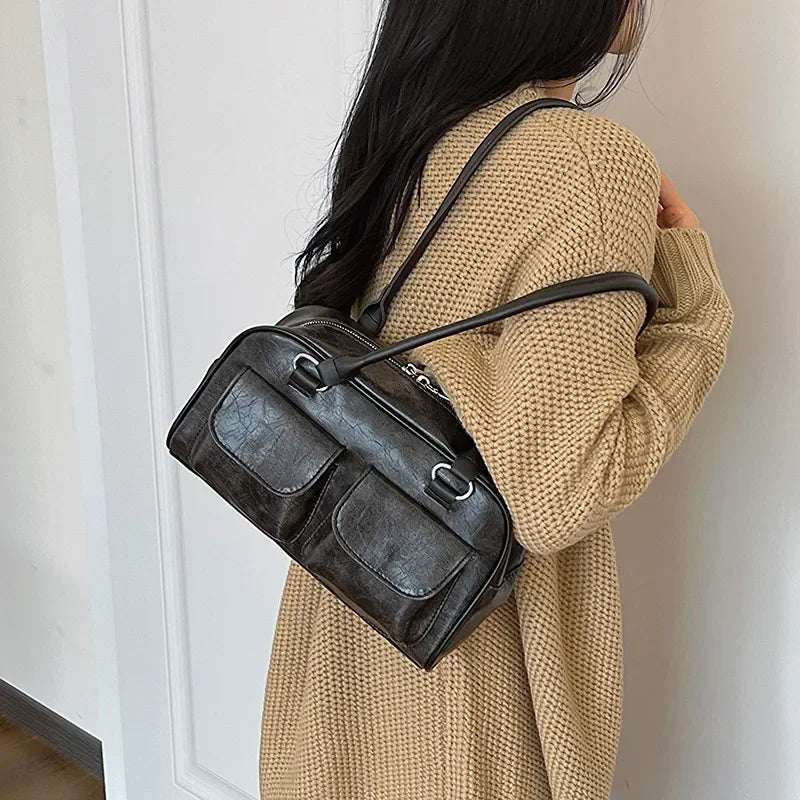 Retro Double Pockets Small Shoulder Bag