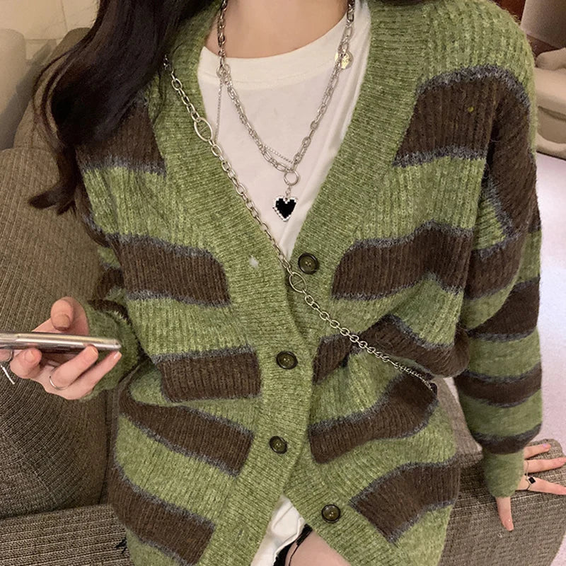 Retro Green Stripe V-Neck Single Breasted Cardigan
