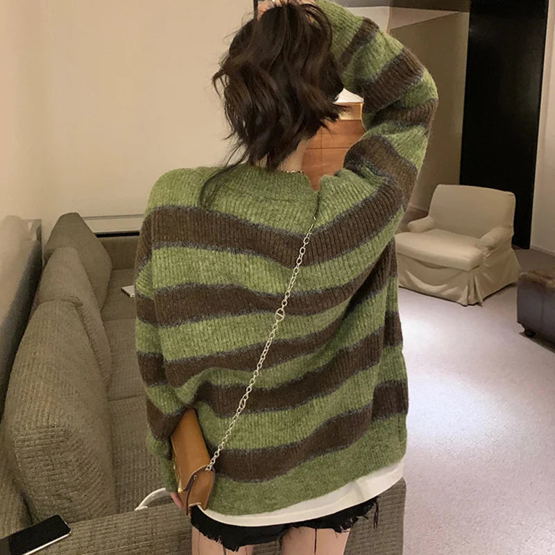 Retro Green Stripe V-Neck Single Breasted Cardigan
