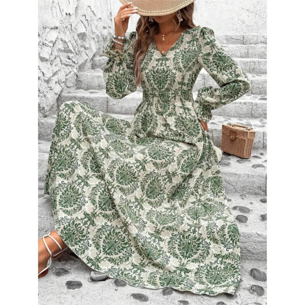 Heart Print V-Neck Long Sleeve Smocked Waist Maxi Dress