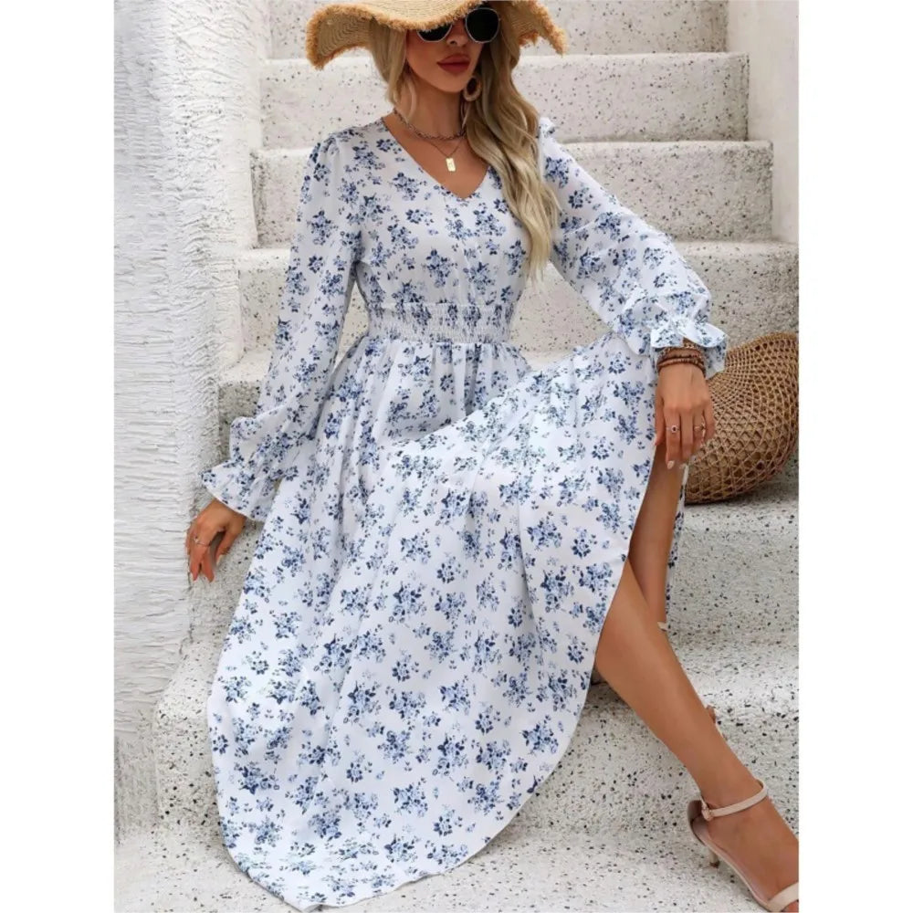 Heart Print V-Neck Long Sleeve Smocked Waist Maxi Dress