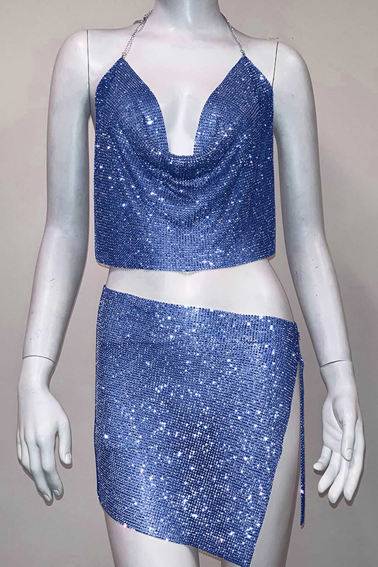 Rhinestone Cowl Neck Halter Crop Top Slit Skirt Suits