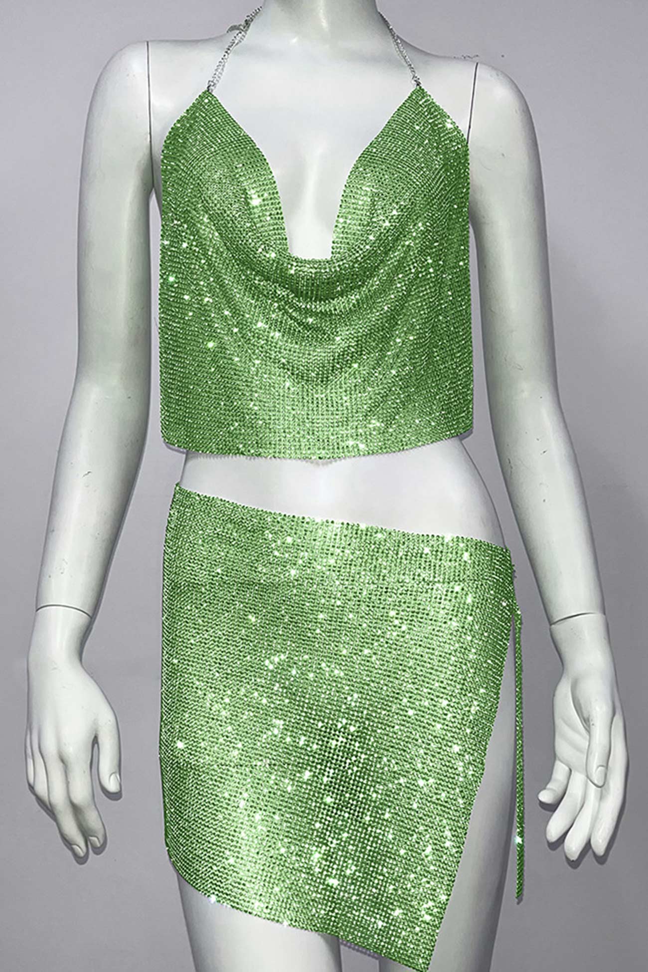 Rhinestone Cowl Neck Halter Crop Top Slit Skirt Suits