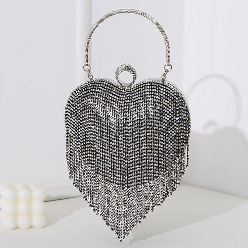 Rhinestone Heart Pattern Silver Evening Clutch Wedding Bridal Purse