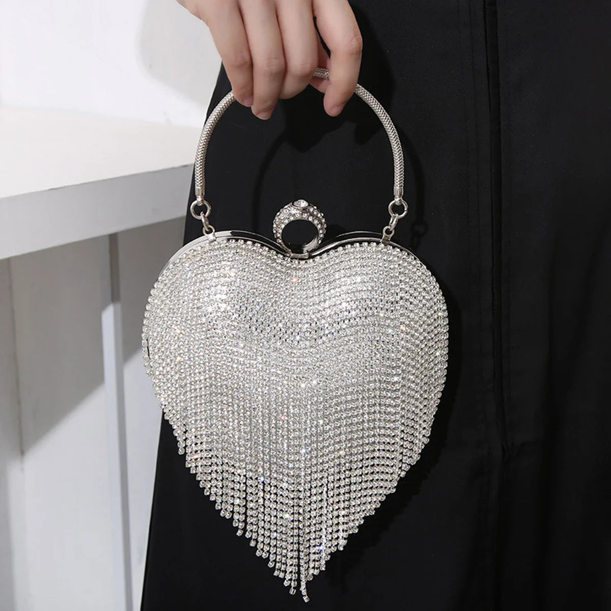 Rhinestone Heart Pattern Silver Evening Clutch Wedding Bridal Purse