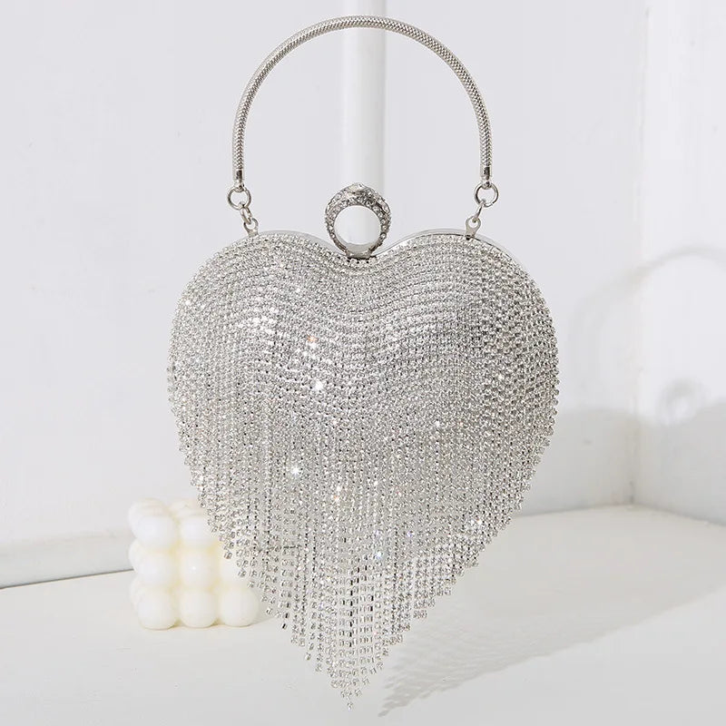 Rhinestone Heart Pattern Silver Evening Clutch Wedding Bridal Purse