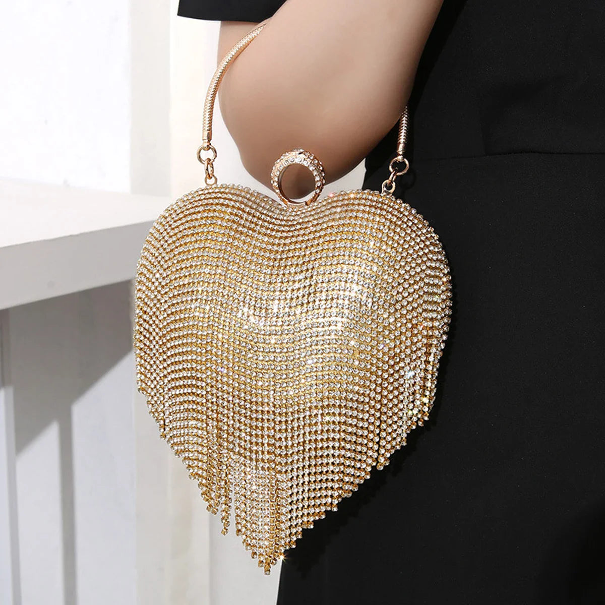 Rhinestone Heart Pattern Silver Evening Clutch Wedding Bridal Purse