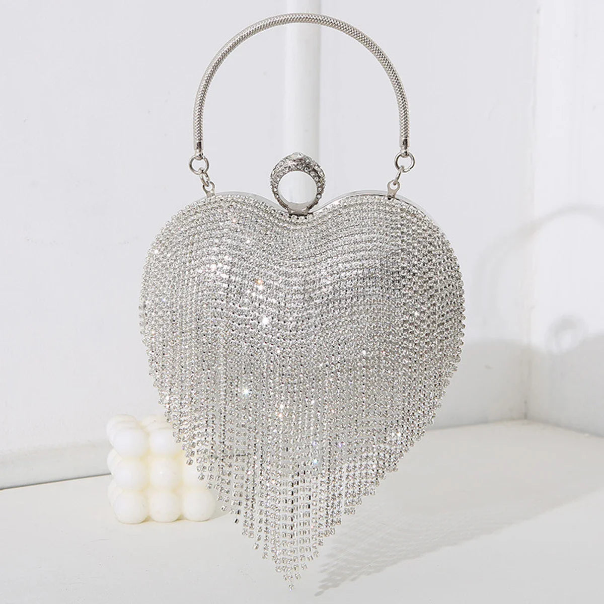 Rhinestone Heart Pattern Silver Evening Clutch Wedding Bridal Purse