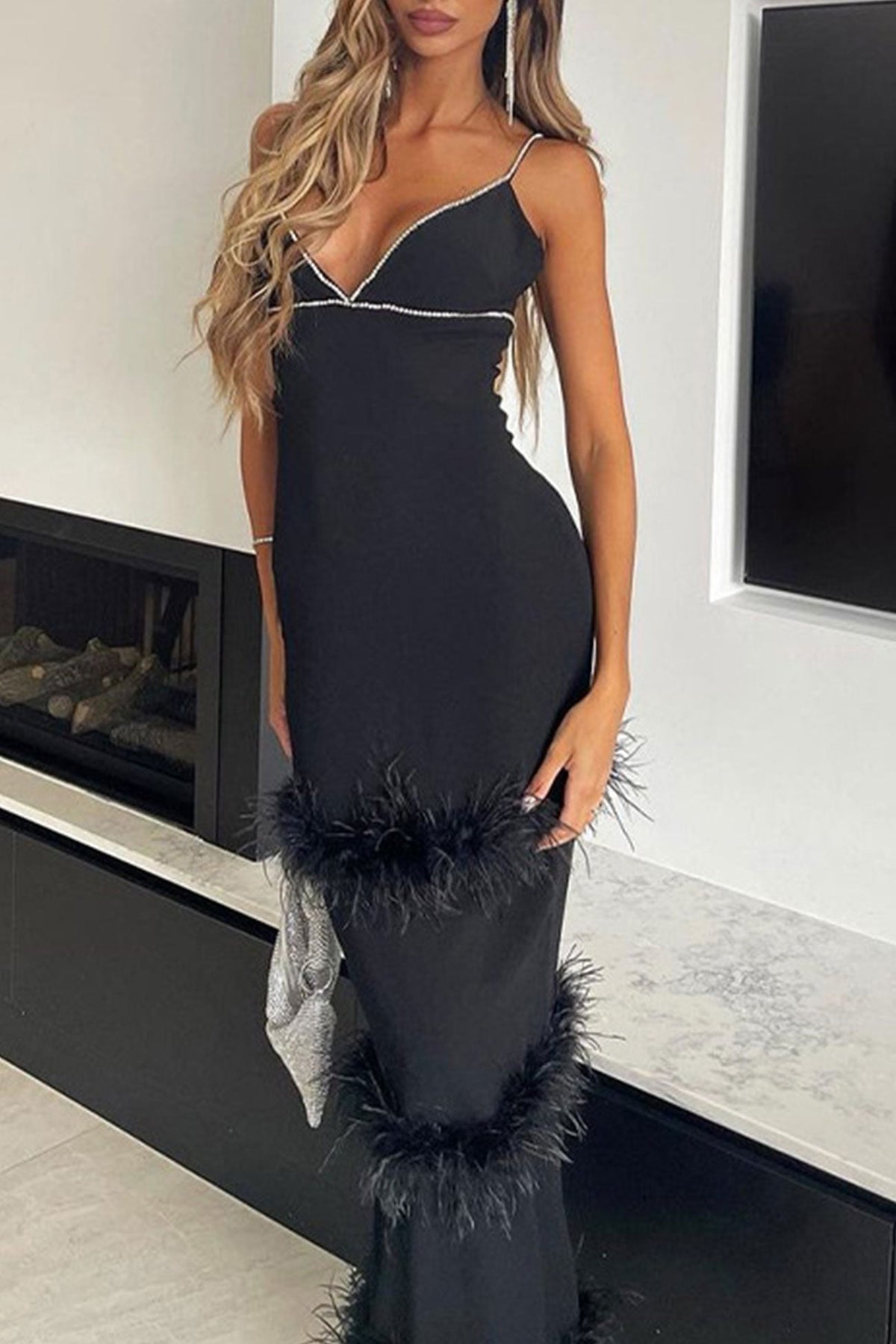 Feather Trim Rhinestone V-Neck Slip Maxi Dress