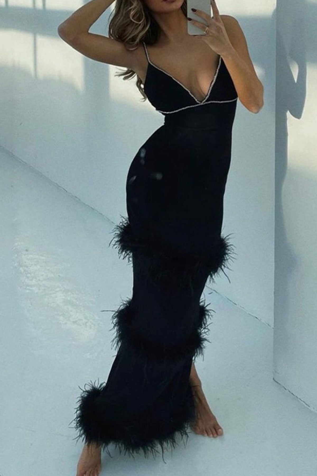 Rhinestone-Trim Feather-Tiered Spaghetti-Strap Bodycon Midi Dress 3