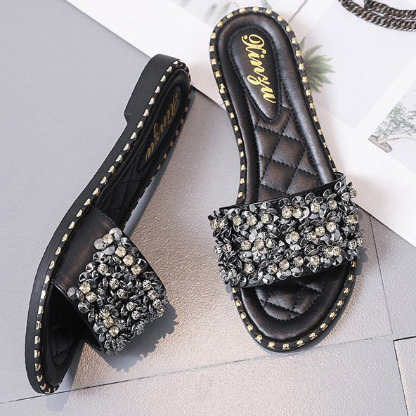 Women's PU Rhinestone Decor Slippers - Mislish