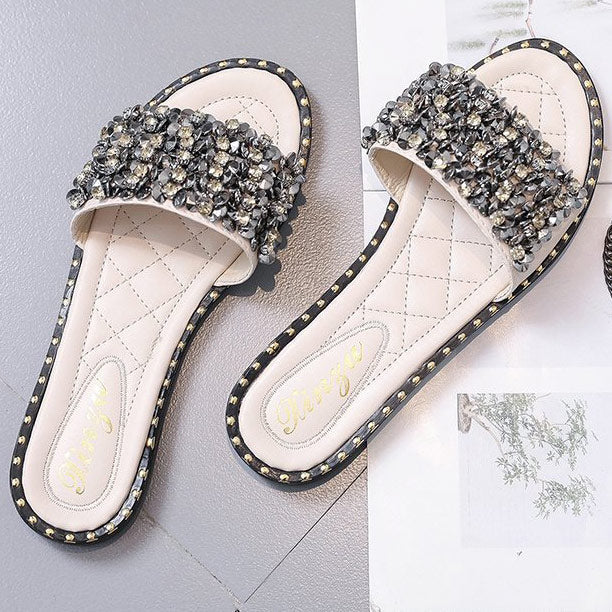 Women's PU Rhinestone Decor Slippers - Mislish