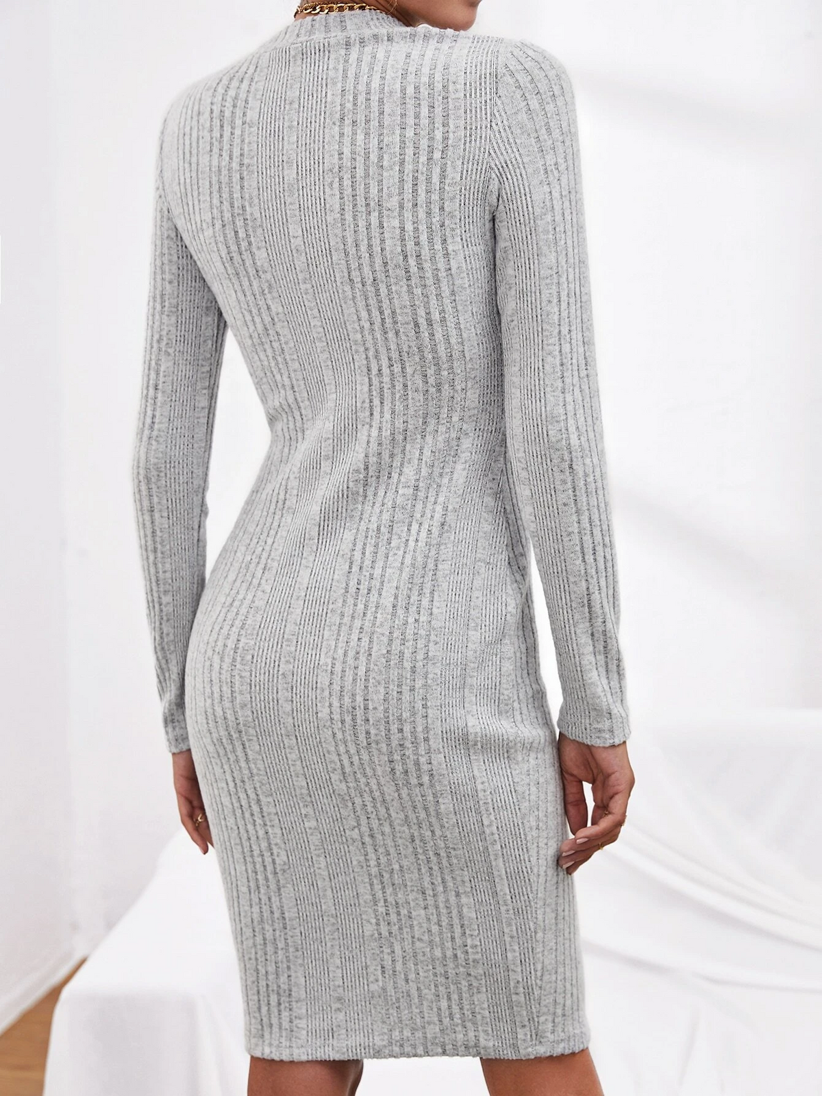 Ribbed Knit High Neck Long Sleeve Bodycon Midi Dress