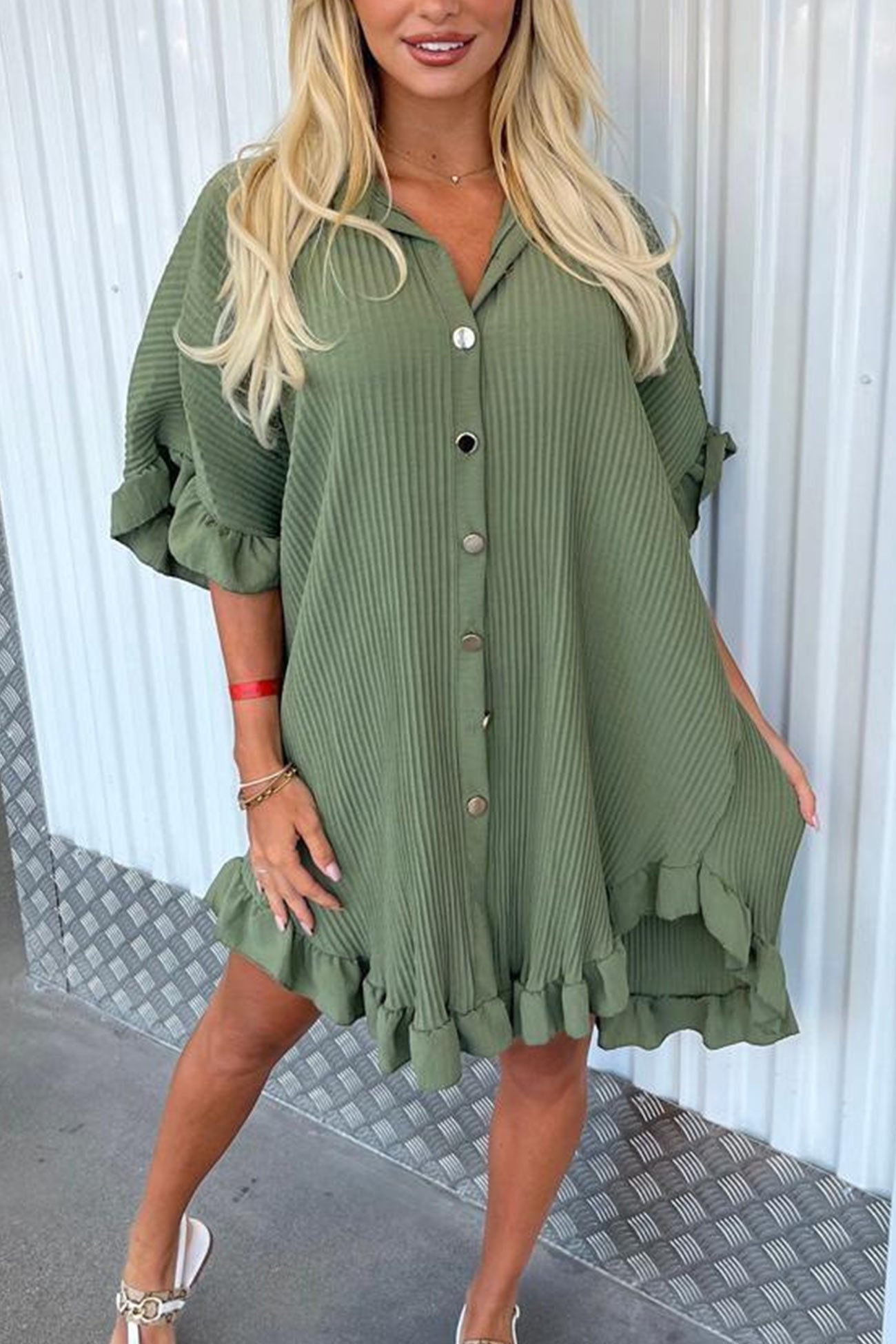 Ribbed Ruffle Button-down Shirt Dress - Fashionpara