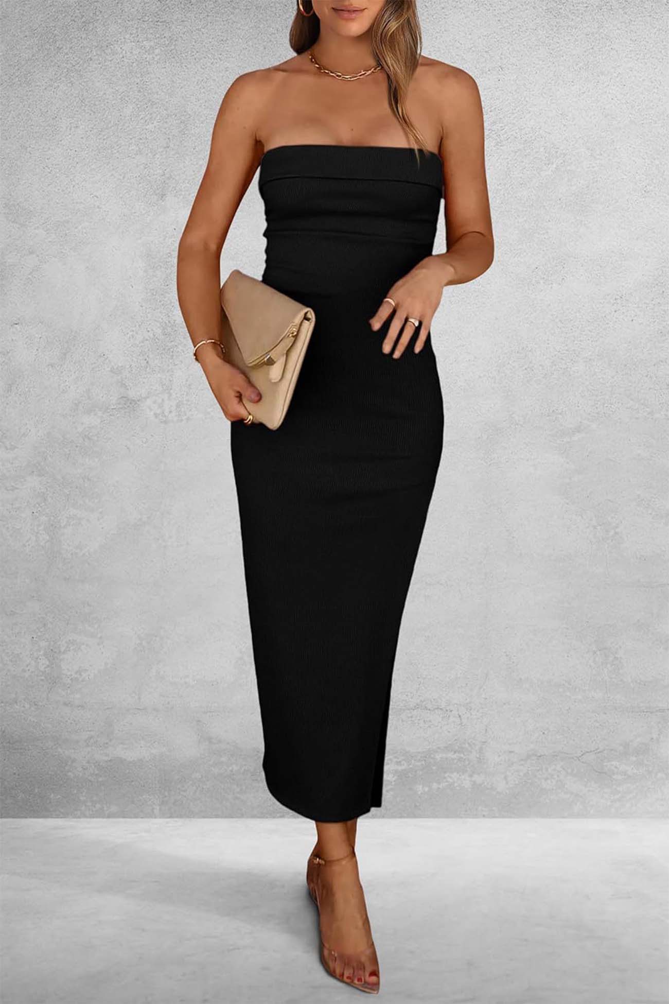 Ribbed Strapless Slit Midi Dress