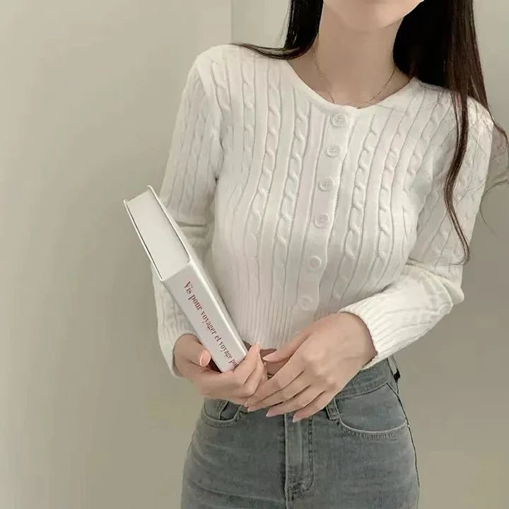 Ribbed Cable Knit Slim Fit Button-Up Cropped Cardigan