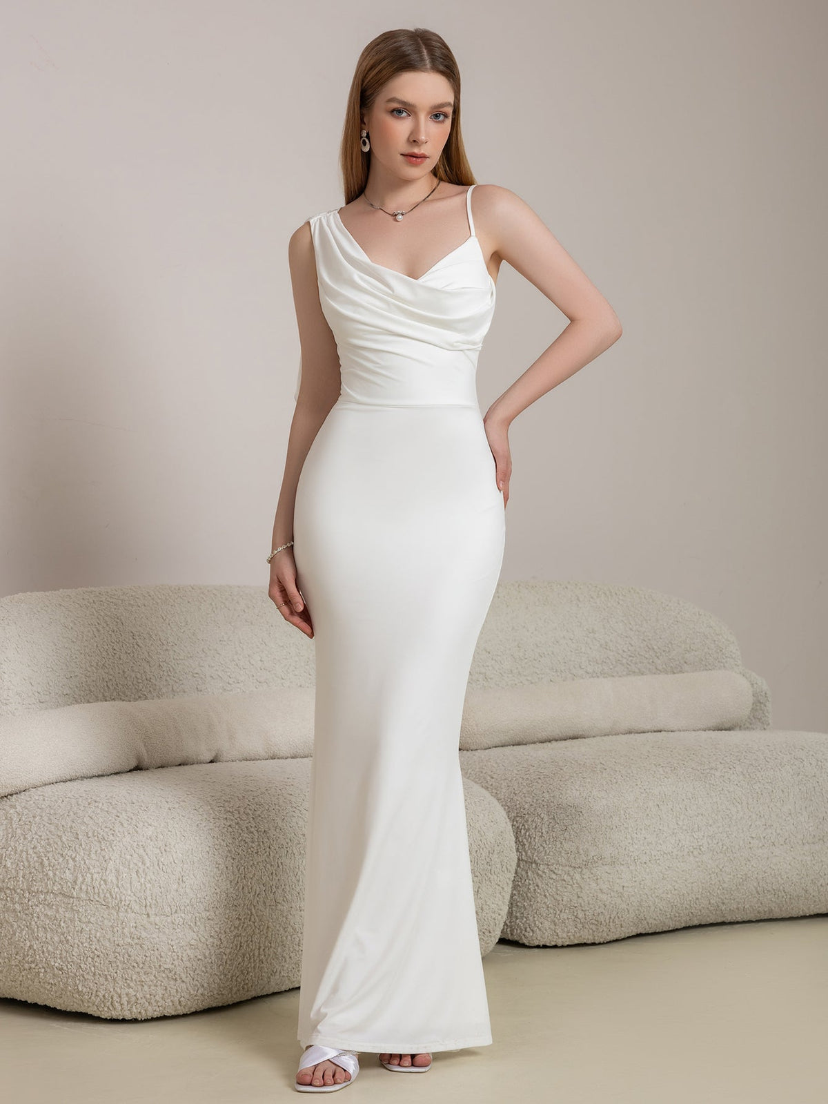 Satin Cowl Neck Spaghetti Strap Ruched Mermaid Maxi Dress
