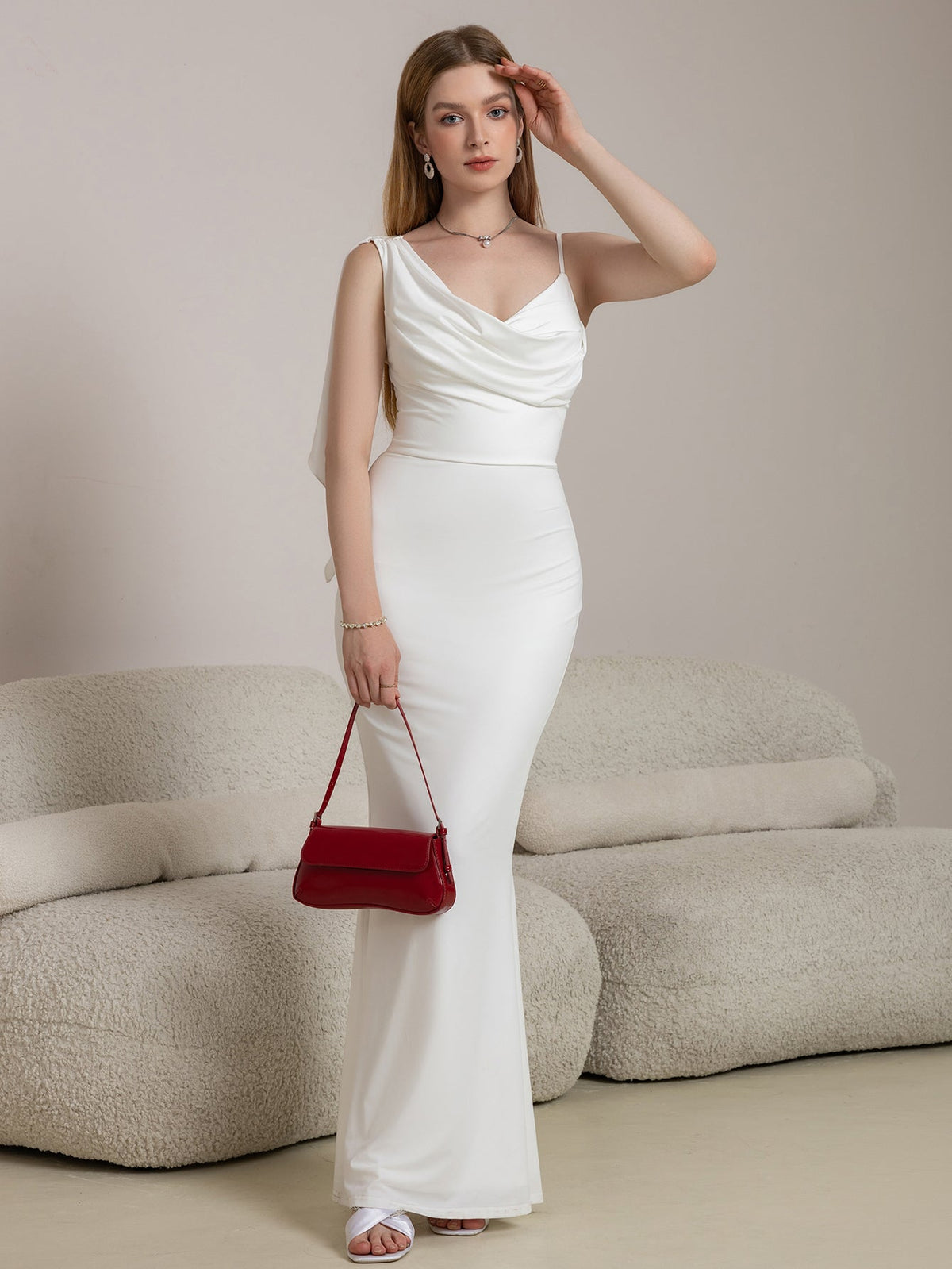 Satin Cowl Neck Spaghetti Strap Ruched Mermaid Maxi Dress - View 4