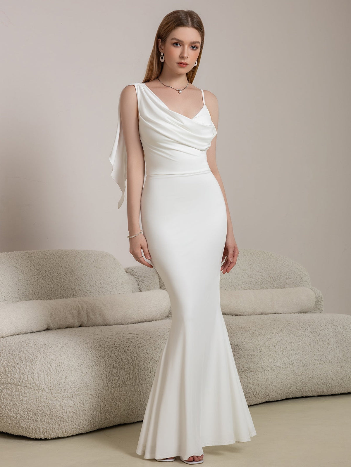 Satin Cowl Neck Spaghetti Strap Ruched Mermaid Maxi Dress - View 3