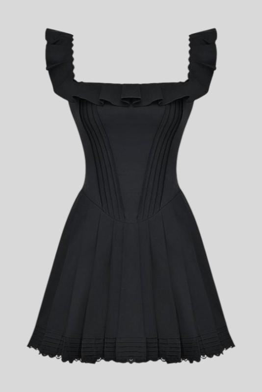 Square Neck Ruffle Strap Pintuck Flare Mini Dress 3
